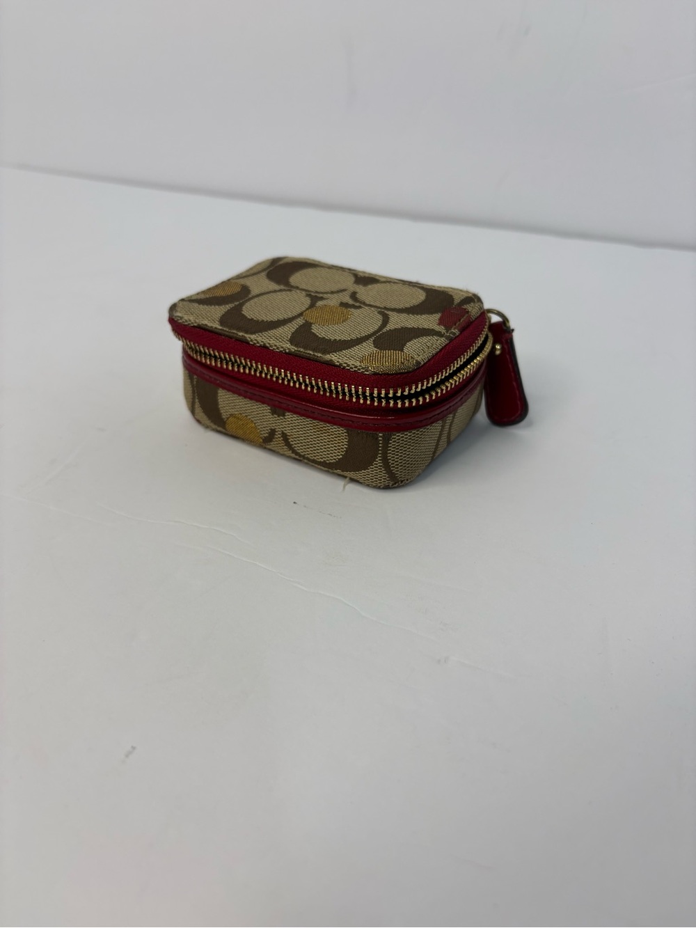Coach Khaki Signature Canvas Zip Card Case with Red Trim